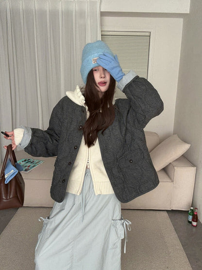 // 30%羊毛袖口拼接燈芯絨菱格夾棉外套