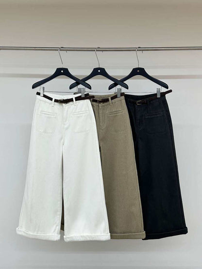 // 雙口袋裝飾加絨卷邊褲(連腰帶)