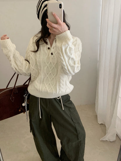 // 復古感重工麻花鈕扣翻領NT