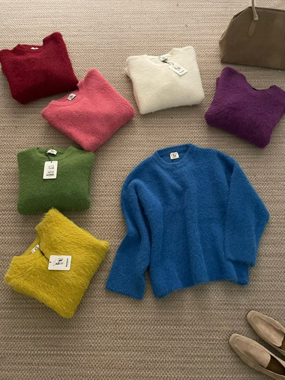 // 軟糯質感拉絨圓領寬鬆毛衣