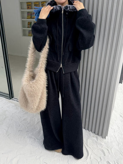 // 連毛毛帽加絨拉鍊外套+橡筋褲套裝