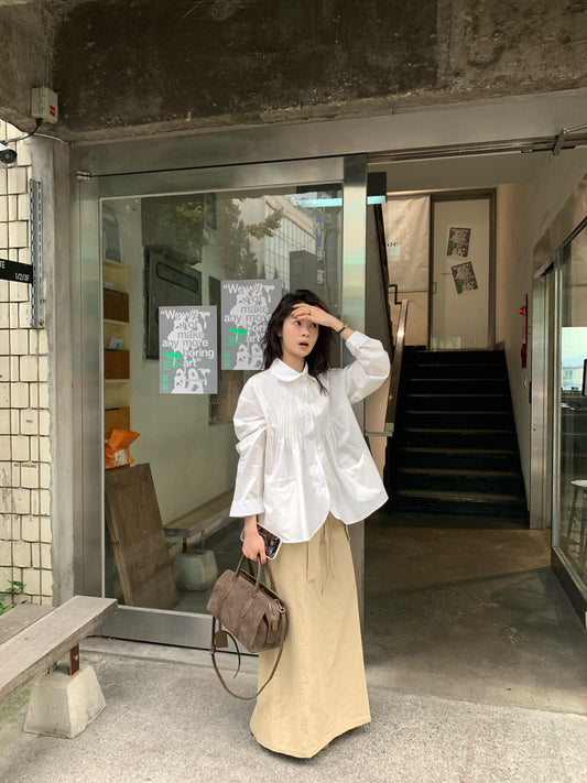 // 娃娃領壓褶設計弧邊SH