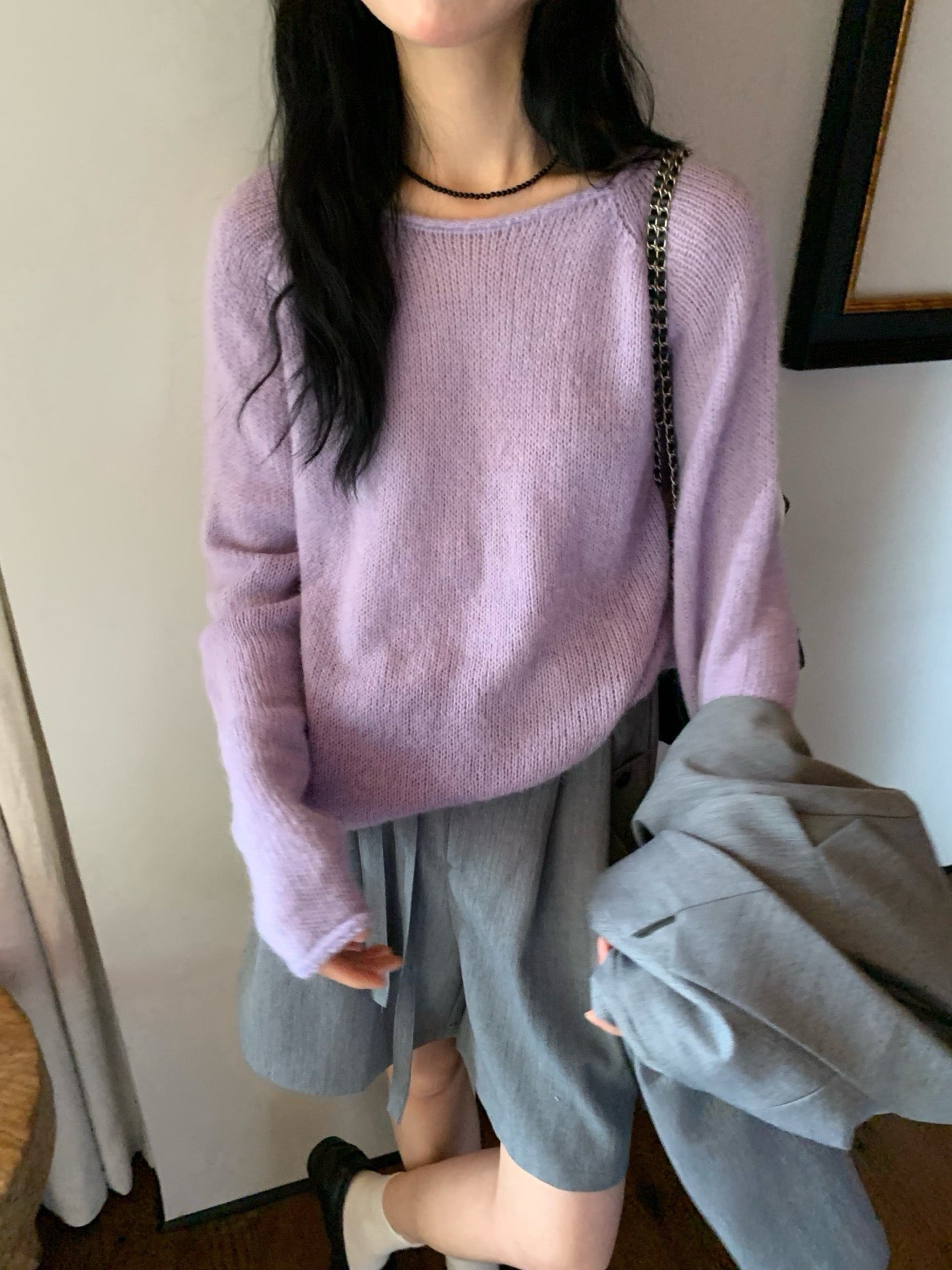 // 超美色系慵懶落肩針織上衣