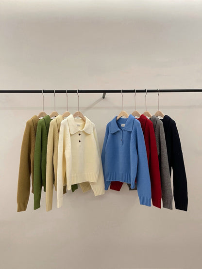 // 超韓領鈕扣粗坑紋翻領毛衣