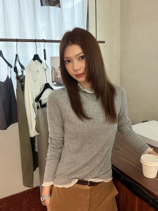 B198 / 半高領拼接lace打底TEE