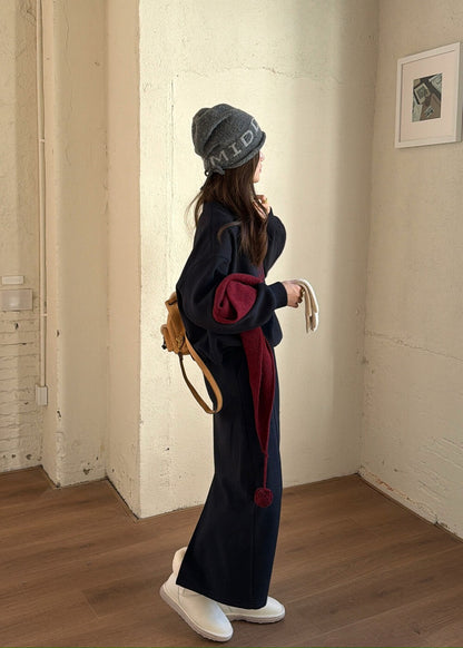 // 可愛刺繡圖案加絨衛衣+中裙套裝(連針織披肩)