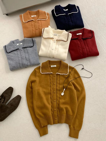 // 10%兔絨撞色花邊領拼麻花紋NT