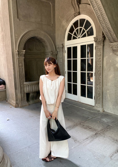 S03 / 棉麻穿繩領泡泡腳背心+口袋全長褲套裝(可分開單買)