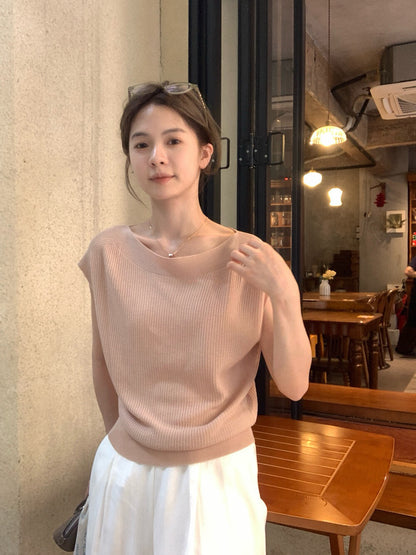 // 氣質小飛袖可斜肩針織上衣