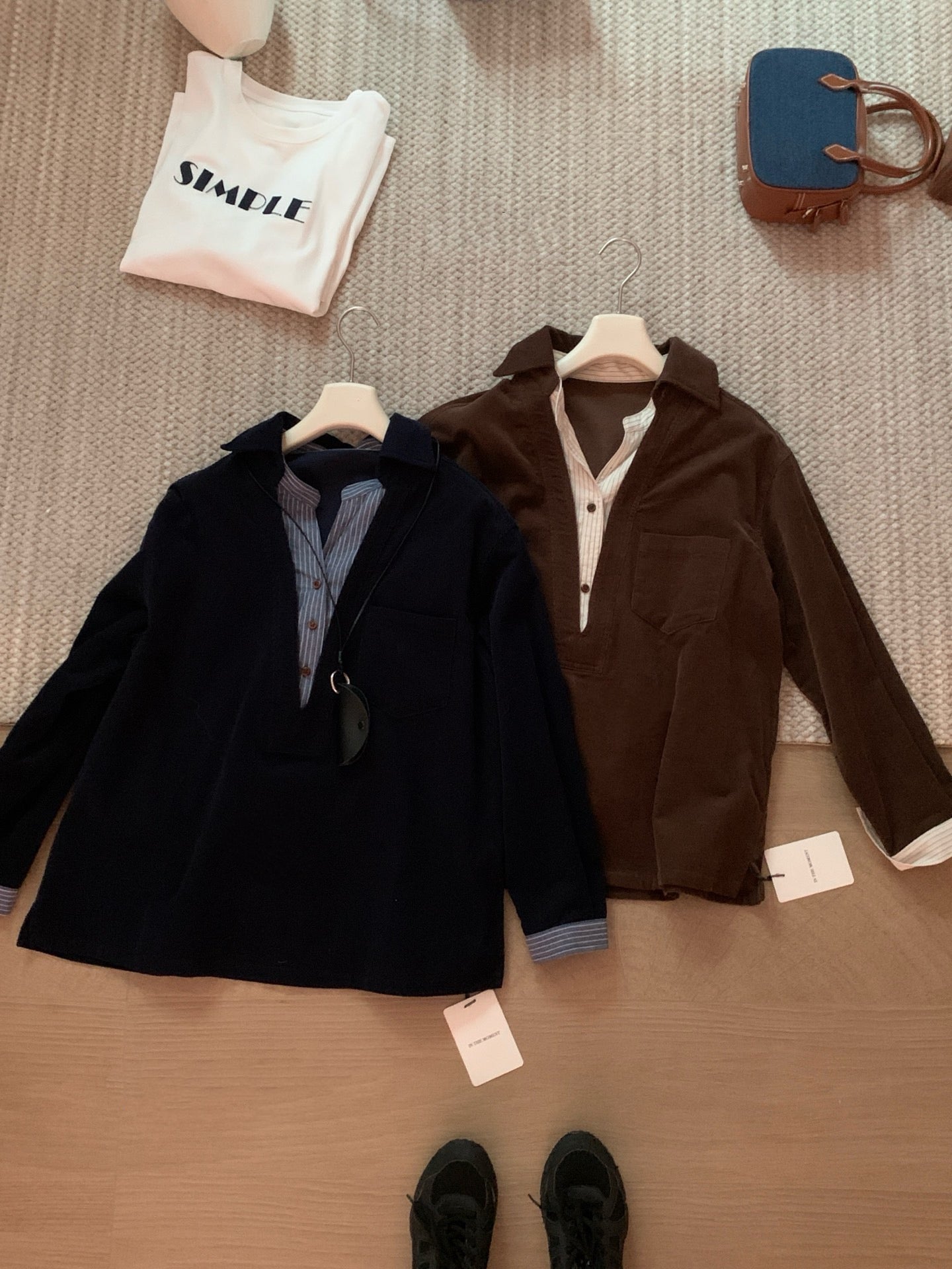 // 假兩件口袋拼接恤衫燈芯絨上衣