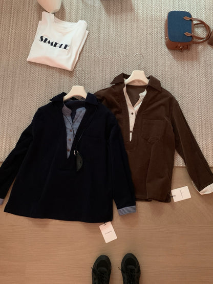 // 假兩件口袋拼接恤衫燈芯絨上衣