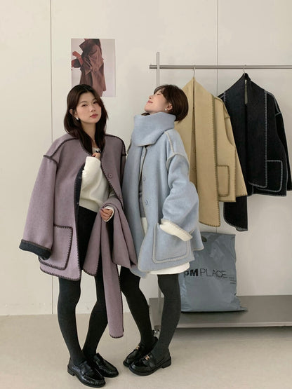 // 可雙面穿撞色縫邊70%羊毛外套(連頸巾)