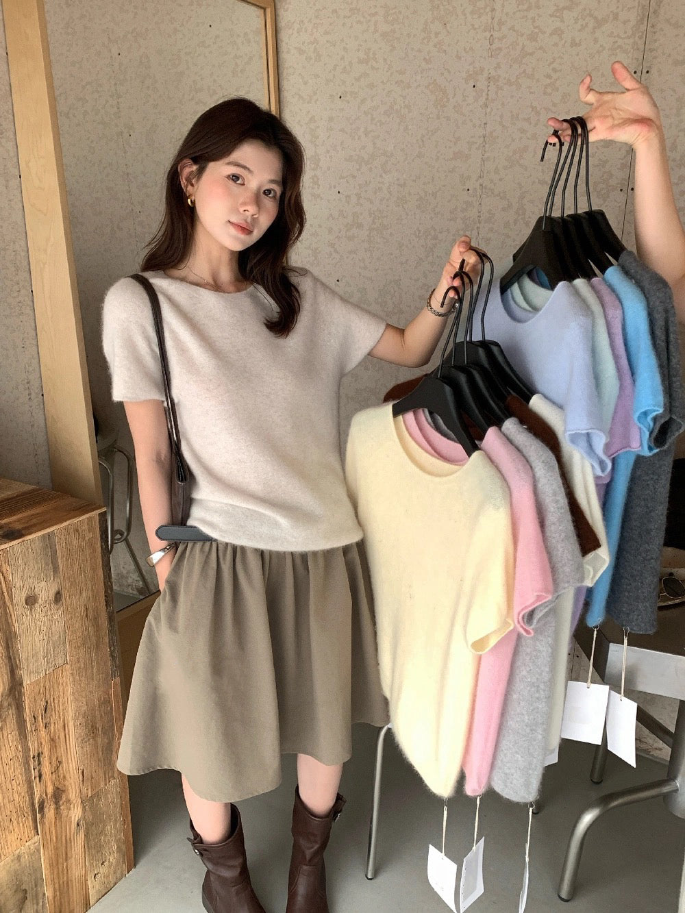 B50 / 必入！顏色極美薄款羊毛拉絨短袖針織上衣(95%wool+5%cashmere)
