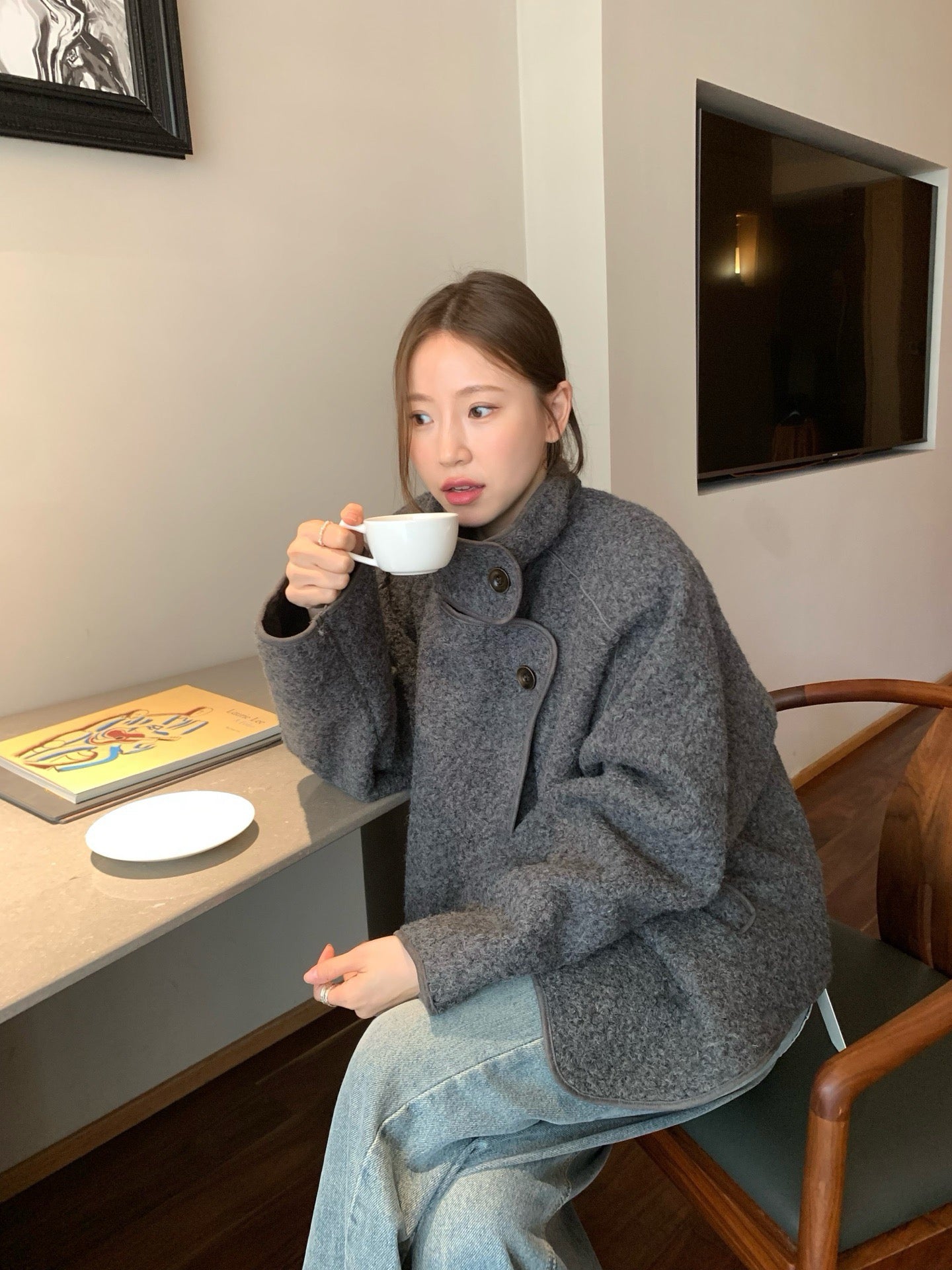 // 圈圈絨可立領中長外套