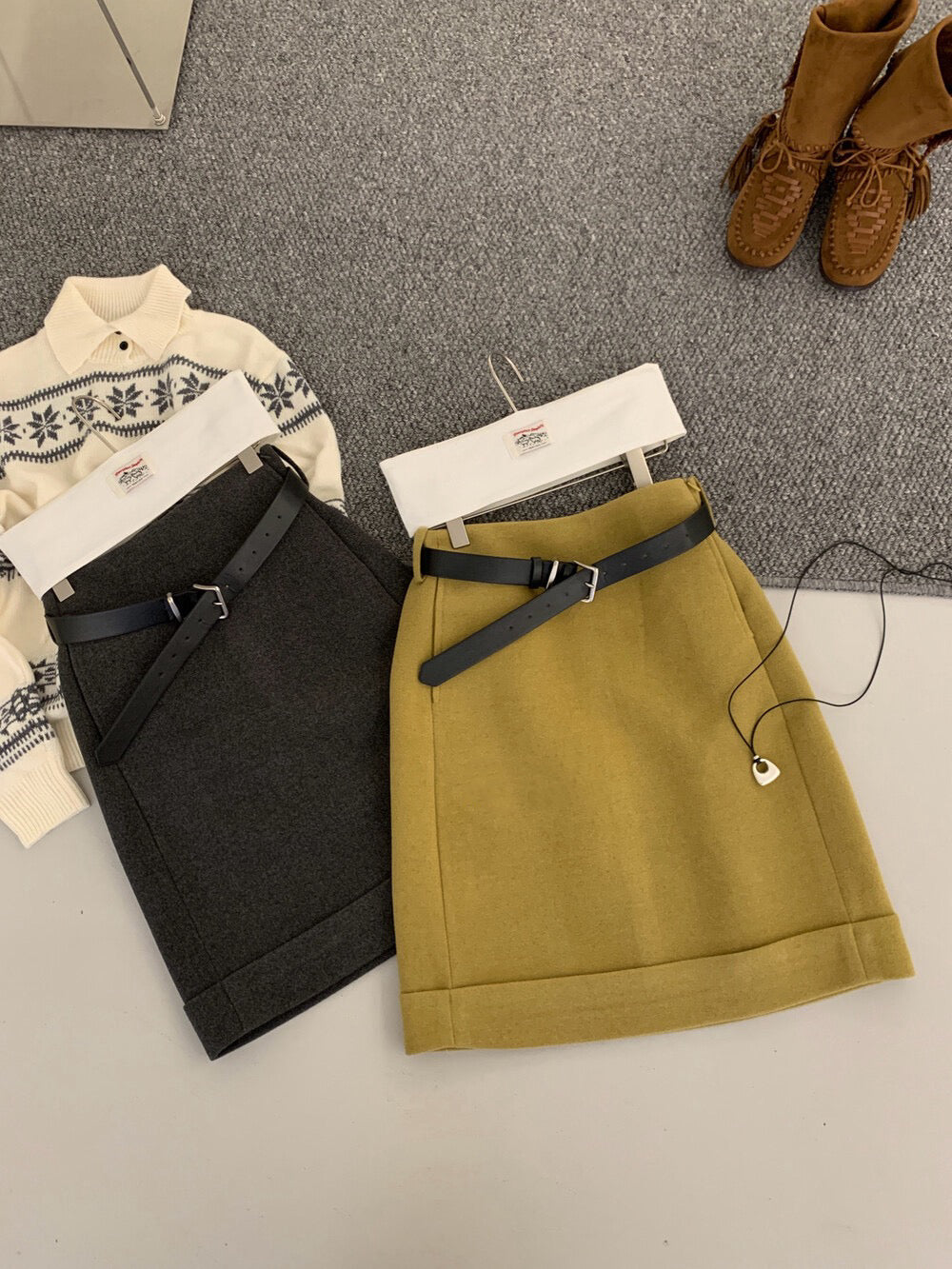 // 氣質微A五分毛呢裙(連腰帶)