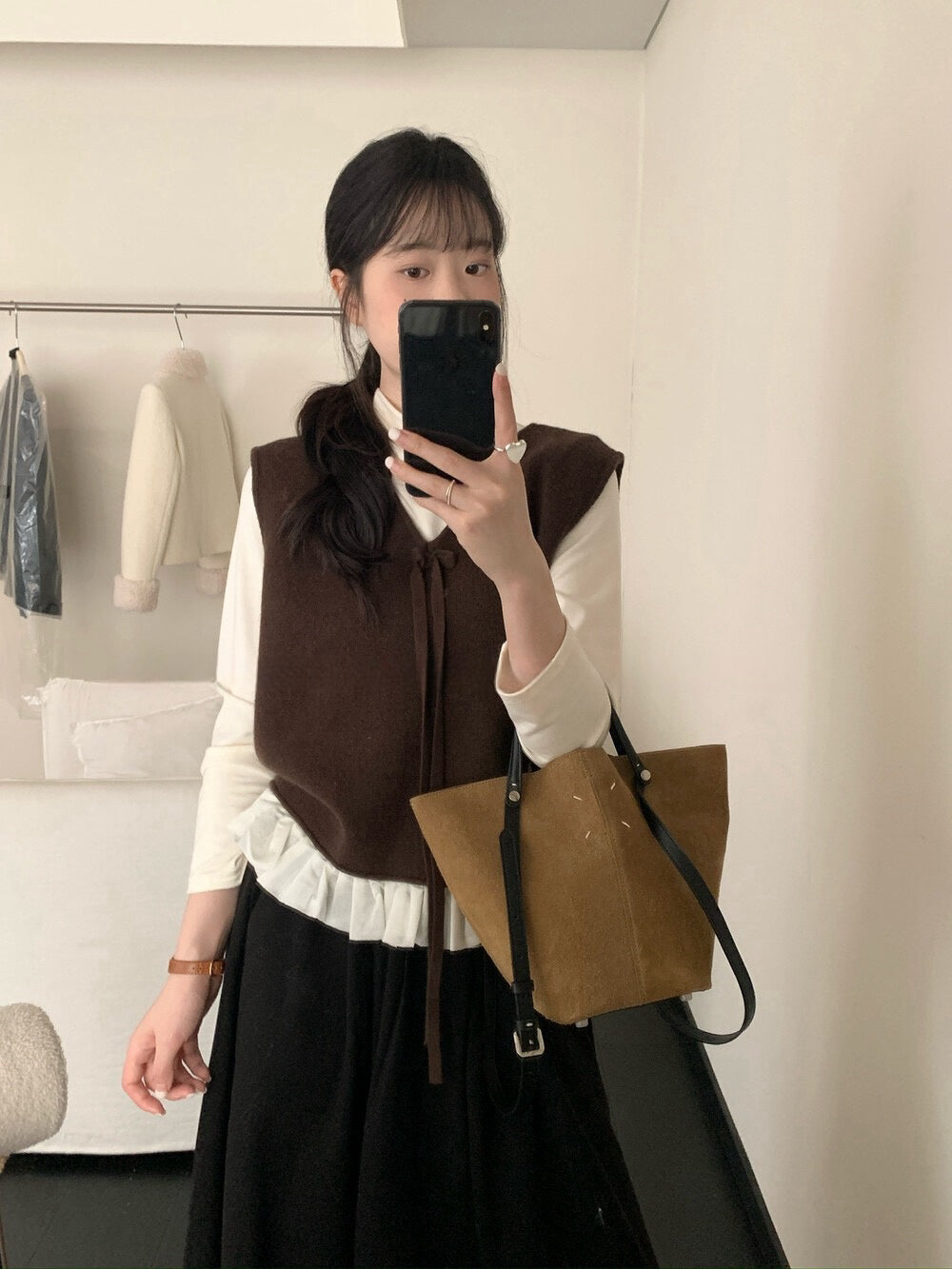 // 蝴蝶結設計拼接花邊針織背心+混羊毛打底套裝