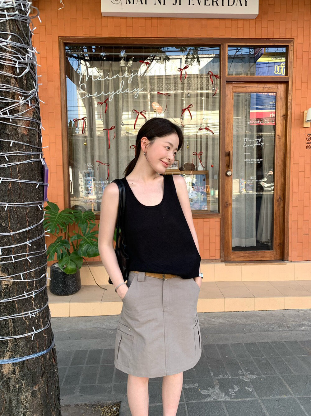 📻 肌理棉口袋工裝短裙(連腰帶)