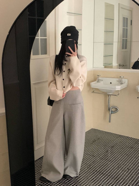 // 50%羊毛設計感褲腳高腰褲