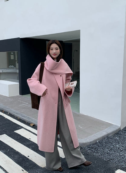 // 100%wool簡約圓領手工雙面長外套(連頸巾)