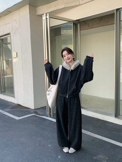 // 毛毛領衛衣外套+休閒褲套裝