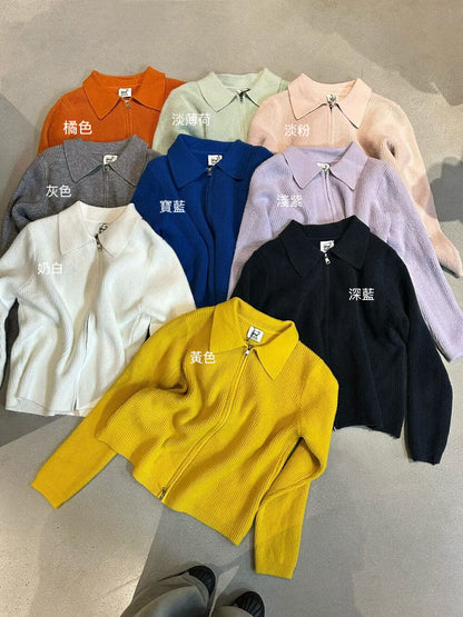 // 細直坑紋翻領上下拉鍊CD