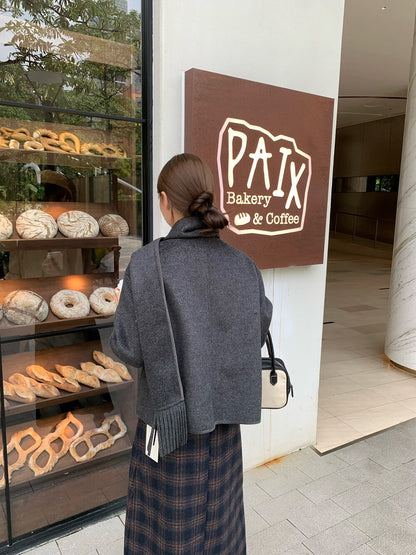 // 超韓雙口袋雙面毛呢圓領外套(連頸巾)