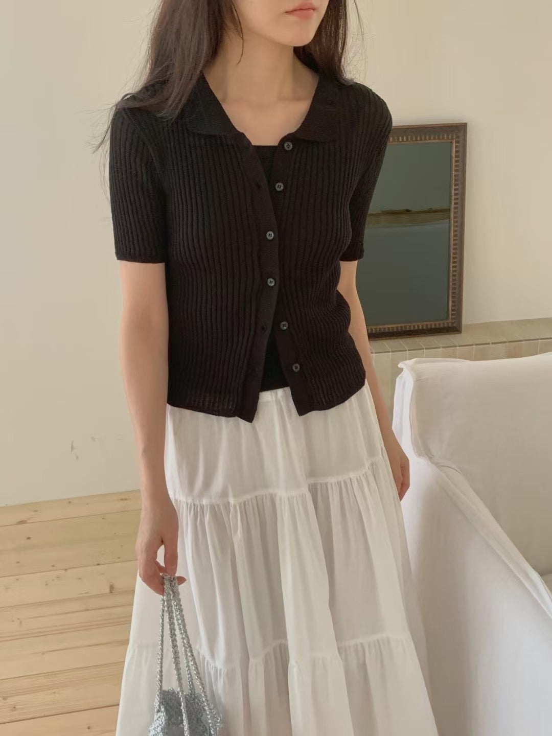 // 直坑紋翻領排扣針織上衣