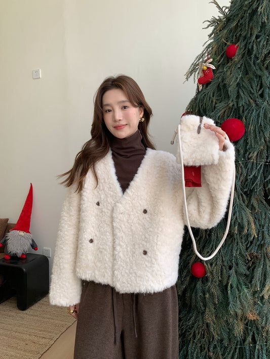 // V領雙排扣毛毛皮毛一體外套(連袋仔)