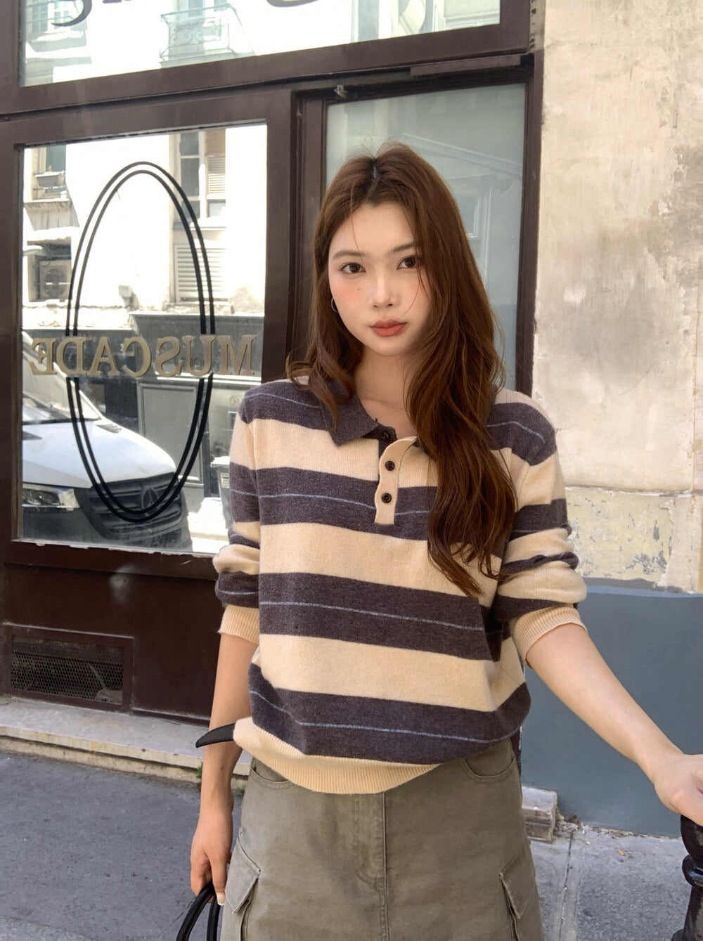 K06 / 慵懶寬鬆復古風間條翻領KN(33%wool)