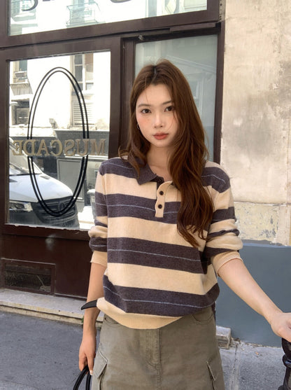 K06 / 慵懶寬鬆復古風間條翻領KN(33%wool)