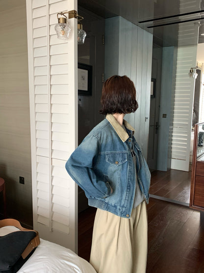 // 中古風拼領拉鍊牛仔外套