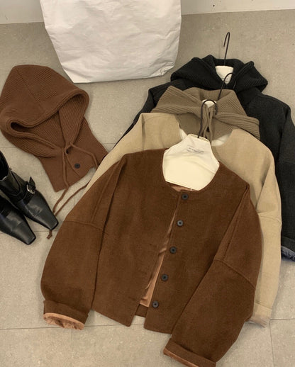 // 可拆針織帽短款圓領毛呢外套