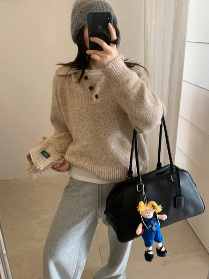 // 軟糯混兔毛花線鈕扣翻領毛衣