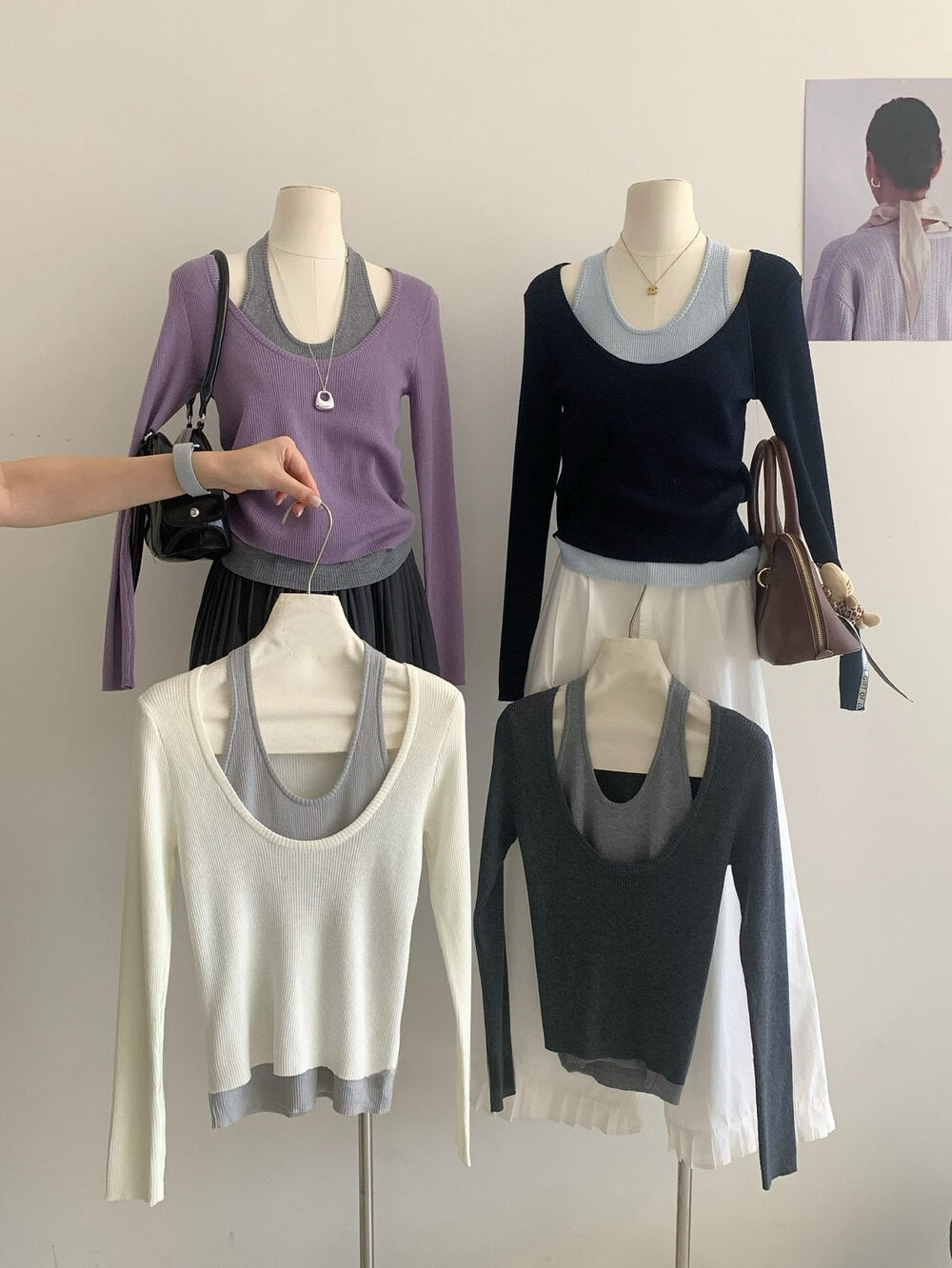 // 小性感大U領假兩件掛頸針織