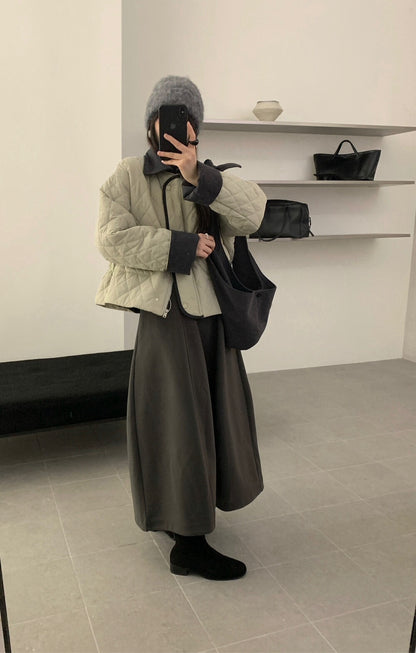 // 撞色包邊拼燈芯絨領可束腰菱格夾棉短外套(帽子可拆)