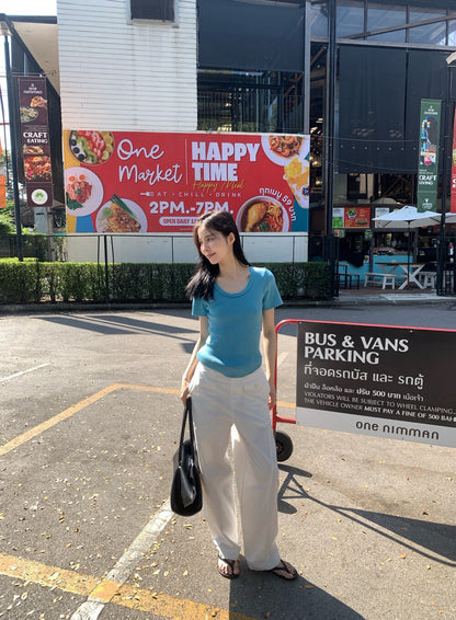 🪃 U領大彈性顯瘦短袖針織上衣