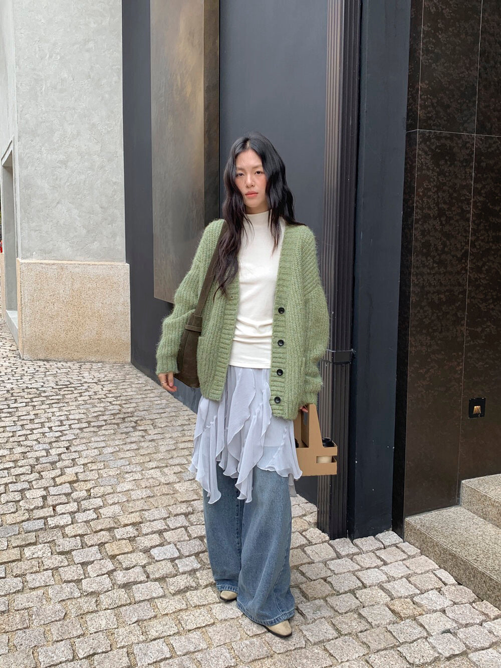 // 8%wool深v粗織邊口袋中長CD