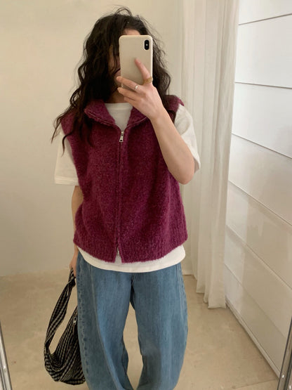 // 9%綿羊毛立領圈圈毛拉鍊背心