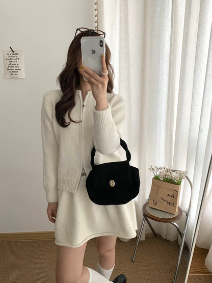 // 性價比超高！圓領拉鍊外套+短裙針織套裝