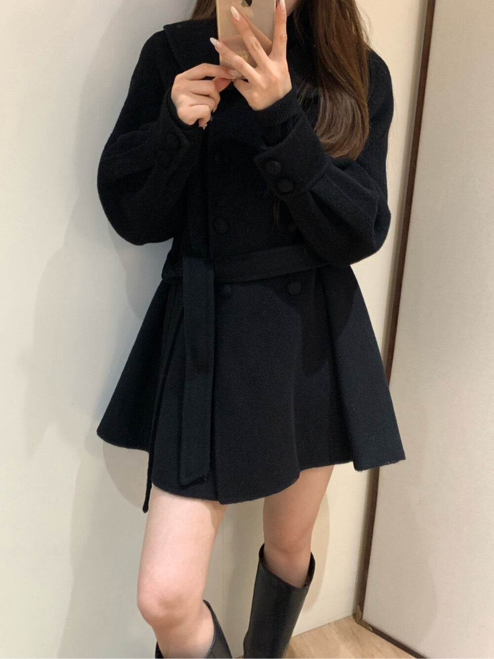 // 超柔軟100%羊毛娃娃領雙排扣手工外套