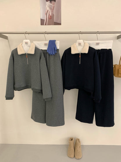 // 毛毛領半拉鍊衛衣+褲套裝