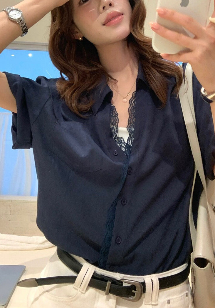 // 拼接lace邊翻領恤衫