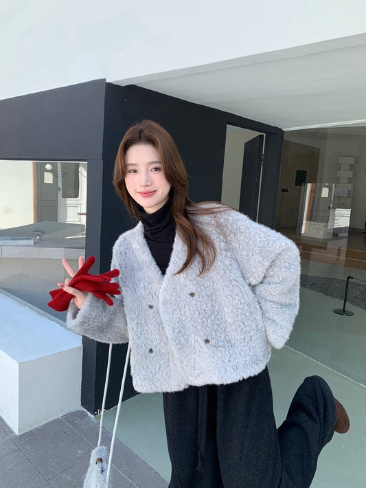 // V領雙排扣毛毛皮毛一體外套(連袋仔)