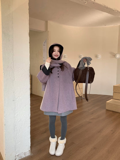 // 100%羊毛簡約高級感三粒鈕中長手工外套(連連帽頸巾)