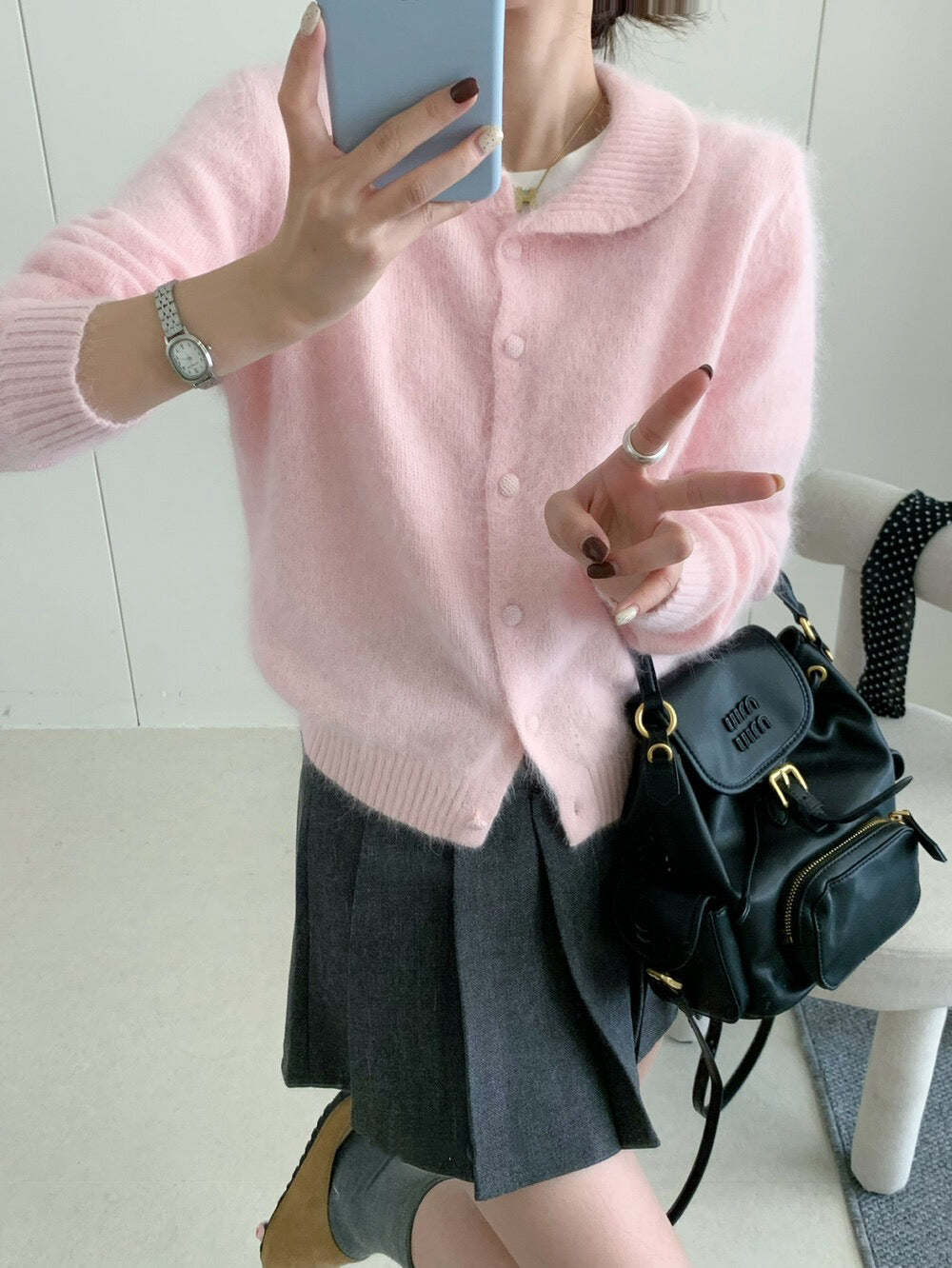 // 自帶柔光感40%兔絨圓翻領包扣NT