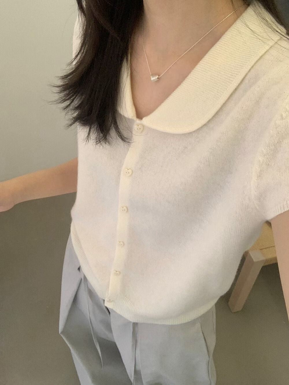 // 全羊毛心心鈕扣圓翻領小短袖NT