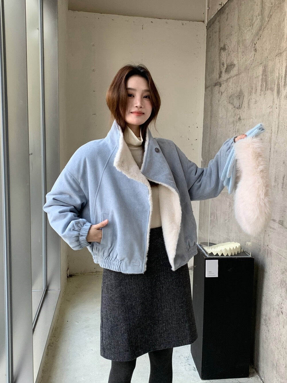 // 帥氣隨性領子皮毛一體麂皮絨外套