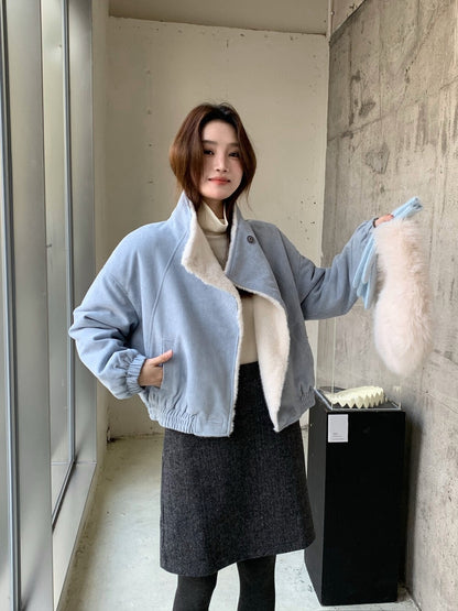 // 帥氣隨性領子皮毛一體麂皮絨外套