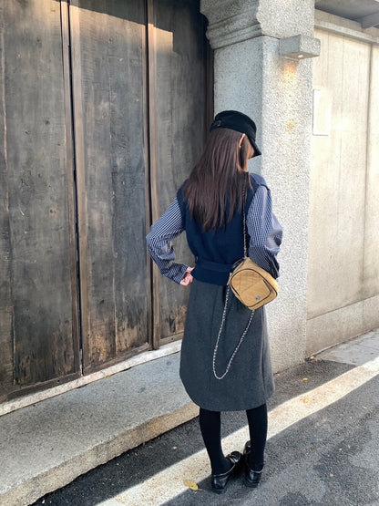 // 設計感假兩件拼格紋恤衫鈕扣高領NT