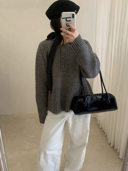 // 法式甜美直坑紋衣擺半鈕扣毛衣